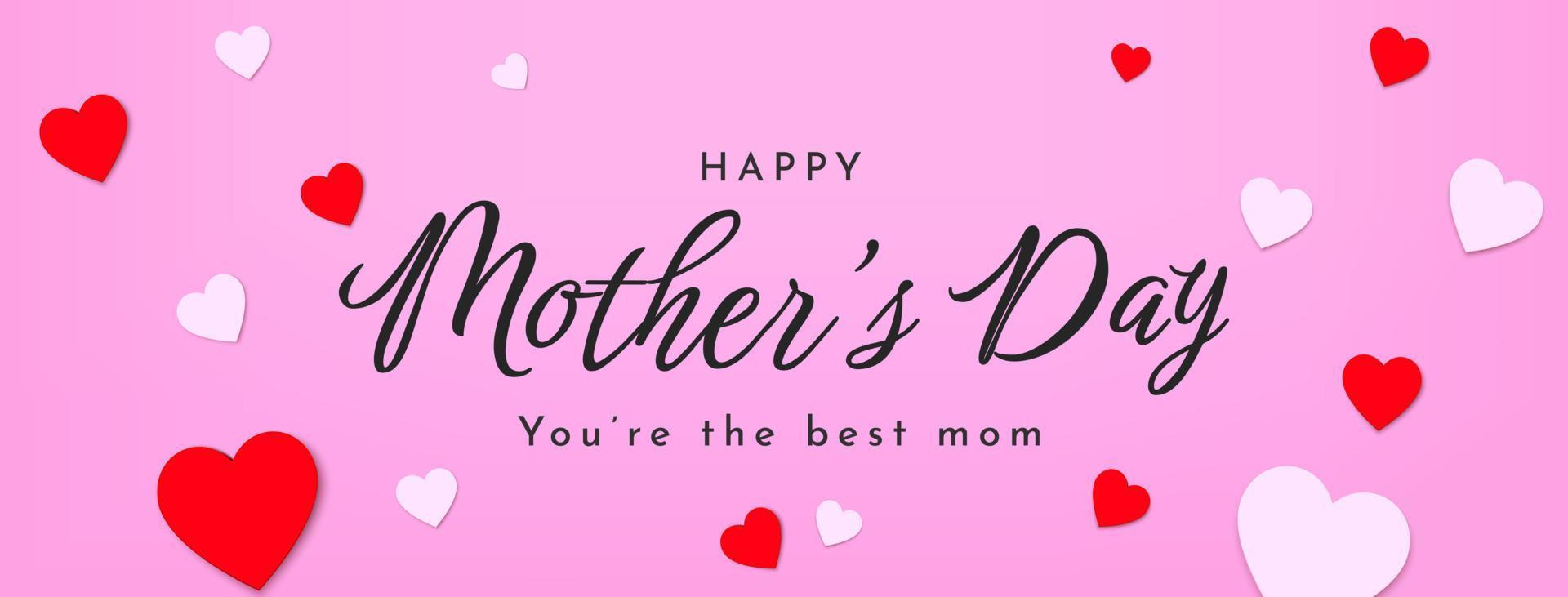 Happy mothers day banner with paper flying heart elements. Vector love symbol and calligraphic text happy mothers day on pink background.