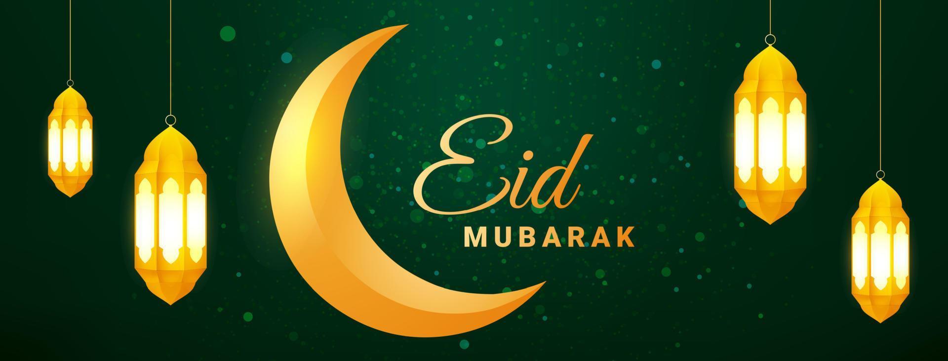 Eid mubarak islamic banner design. Green gradient eid mubarak background with hanging ornaments. Vector illustration