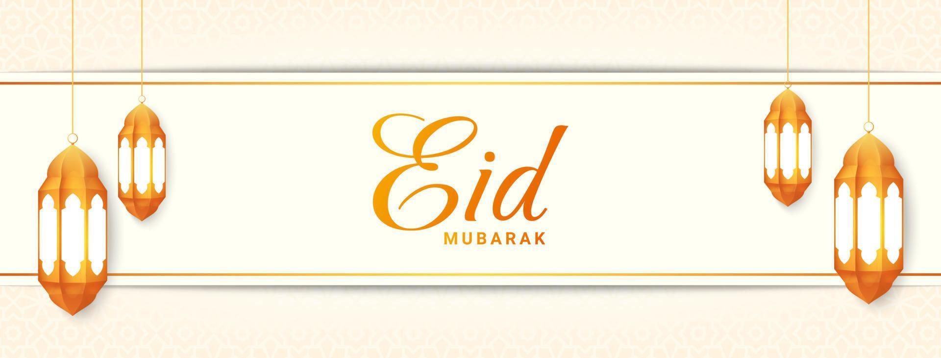 Eid mubarak islamic banner design. White luxury eid mubarak background with pattern border frame and lantern ornament. Vector illustration