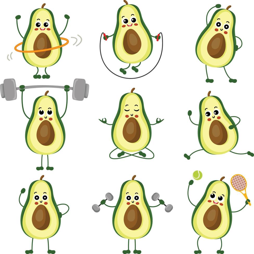 Set of funny avocado mascot making gym vector