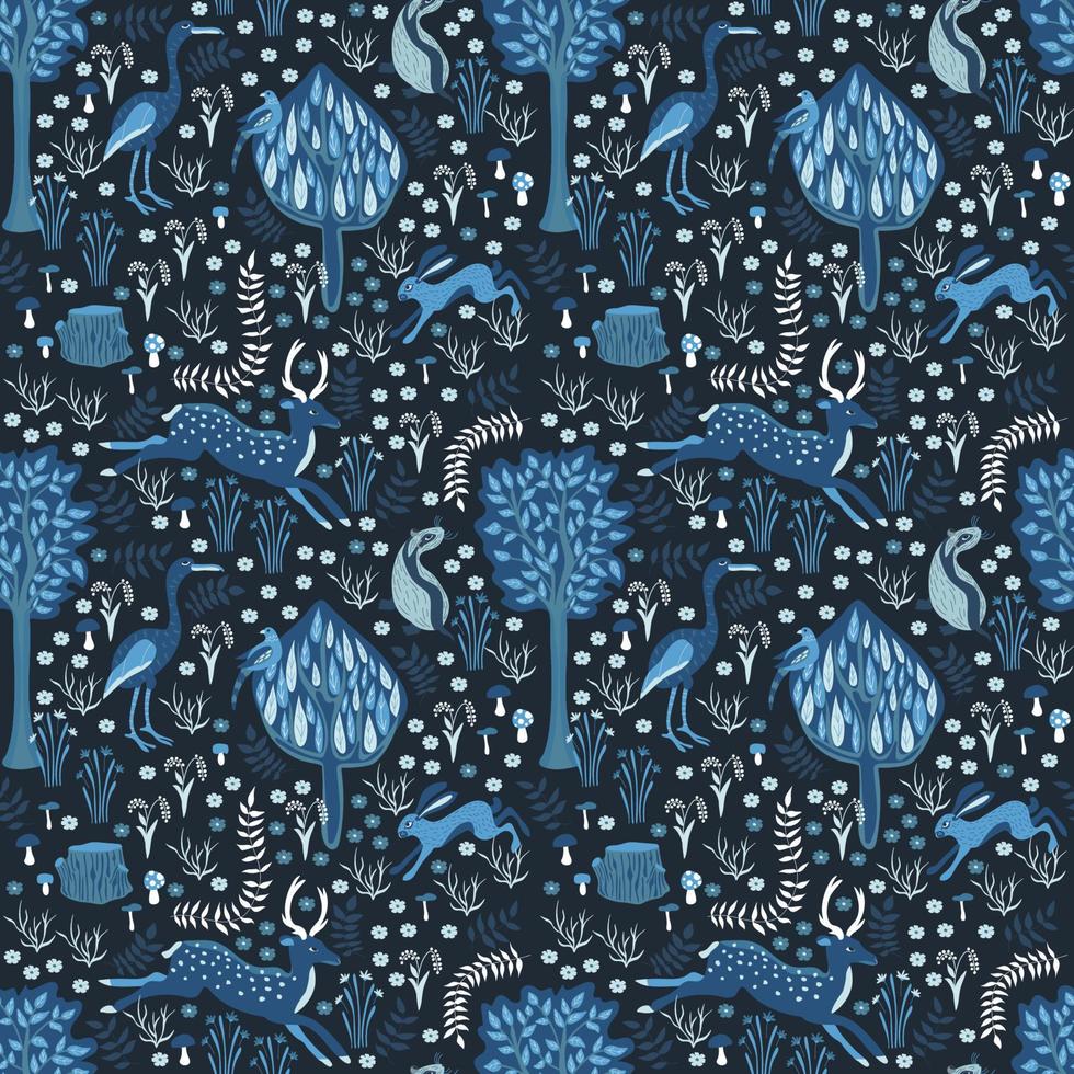 Forest with animals deer, hare, bird, badger. Winter forest. Vector illustration, seamless pattern