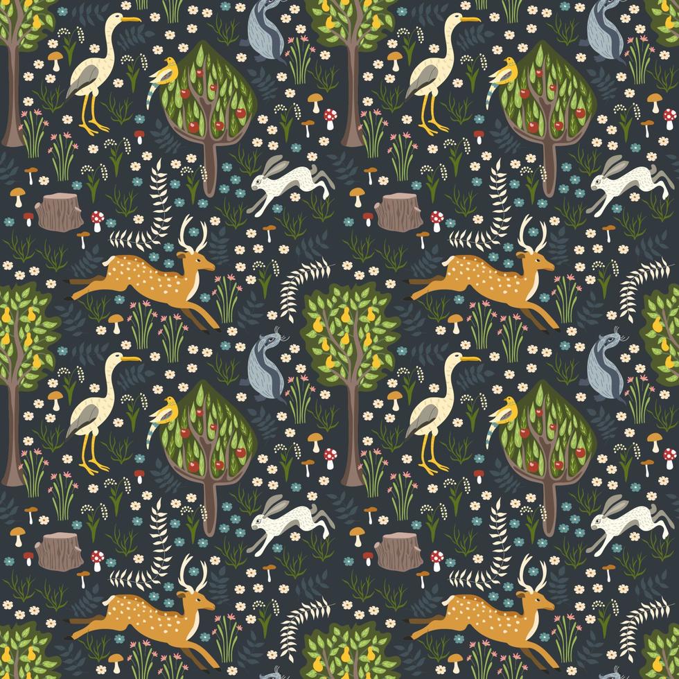 Forest with animals deer, hare, bird, badger. Vector illustration, seamless pattern