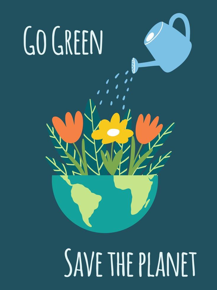 Concept of go green, Earth Day, Save the planet. Vector illustration of Earth with flowers and watering can for social poster, banner, card