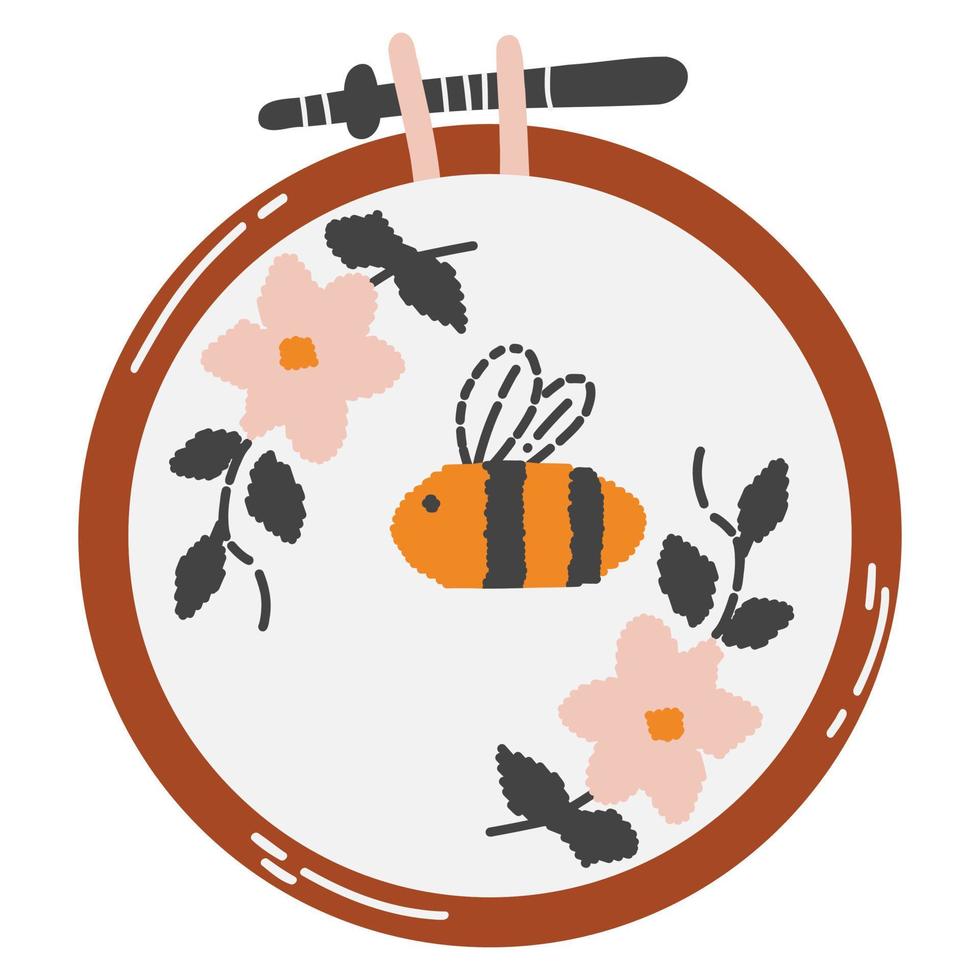 Embroidery hoop in flat cartoon style. Hand drawn vector illustration of hobby, needlework, satin and cross stitch, plant motifs