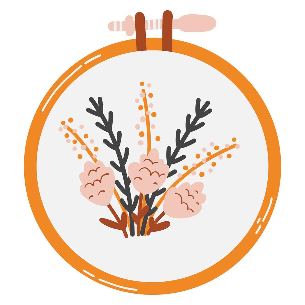 Embroidery hoop in flat cartoon style. Hand drawn vector illustration of hobby, needlework, satin and cross stitch, plant motifs