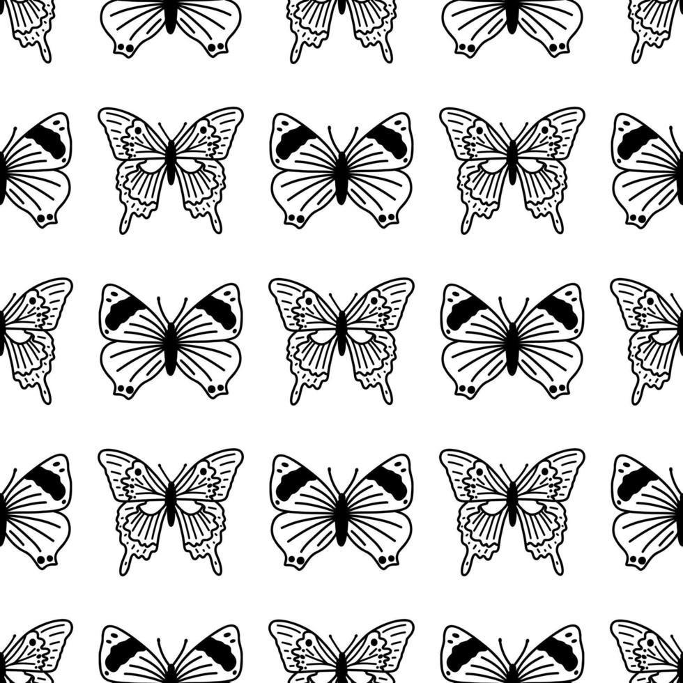 Seamless pattern with doodle butterflies. Hand drawn vector background with insects, line illustration, entomological collection