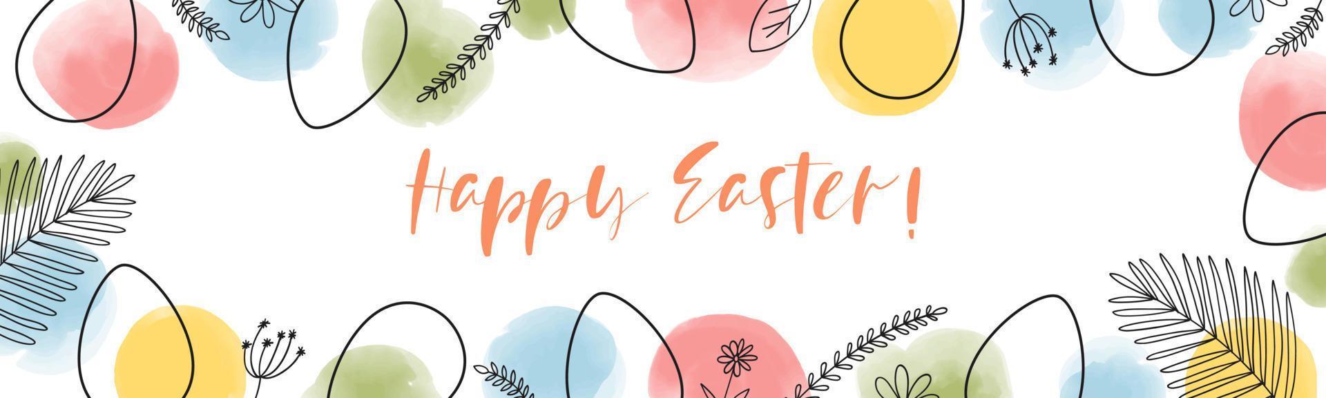 Happy Easter banner template with colorful abstract spots, doodle eggs and plants. Hand drawn vector illustration of minimalistic linear elements