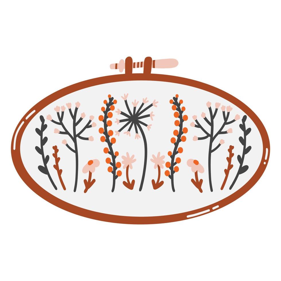 Embroidery hoop in flat cartoon style. Hand drawn vector illustration of hobby, needlework, satin and cross stitch, plant motifs
