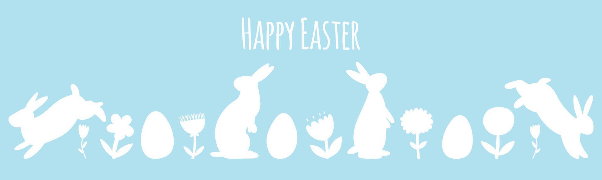 Happy Easter banner with hand drawn bunnies, Easter eggs, flowers. Vector illustration of animals and plant silhouettes in folk style