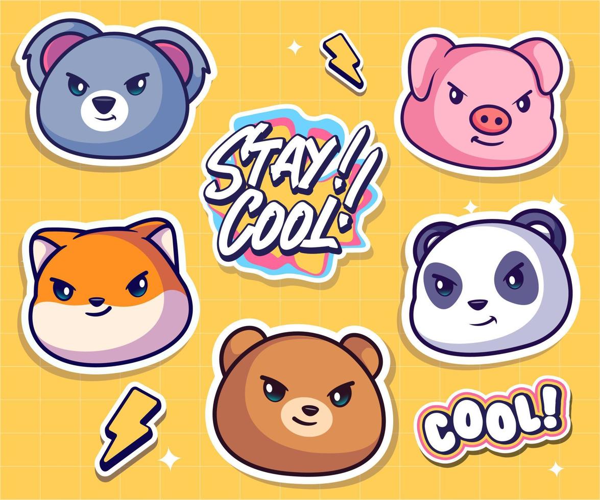 Cute cartoon character sticker pack. Vector comic illustration of panda, bear, pig, koala, shiba inu, on separate layers.