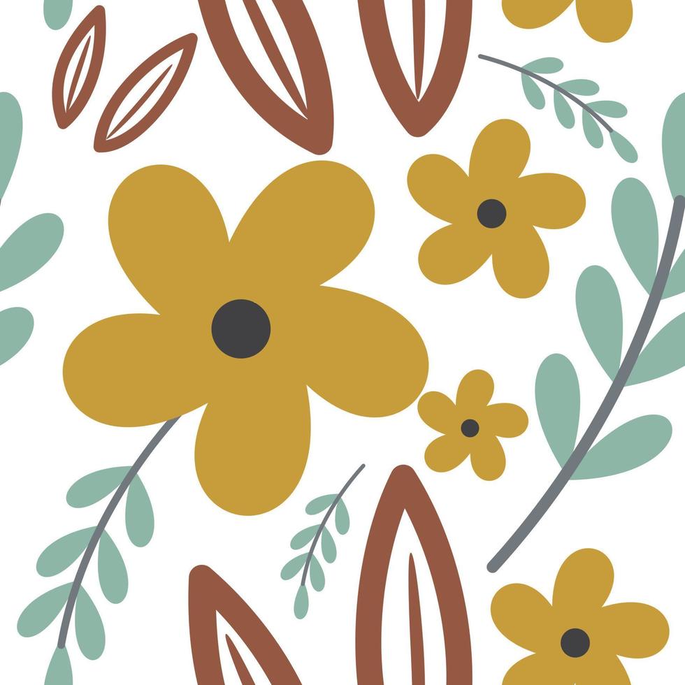 seamless pattern with abstract wild flowers, leaves and branches on white background. vector