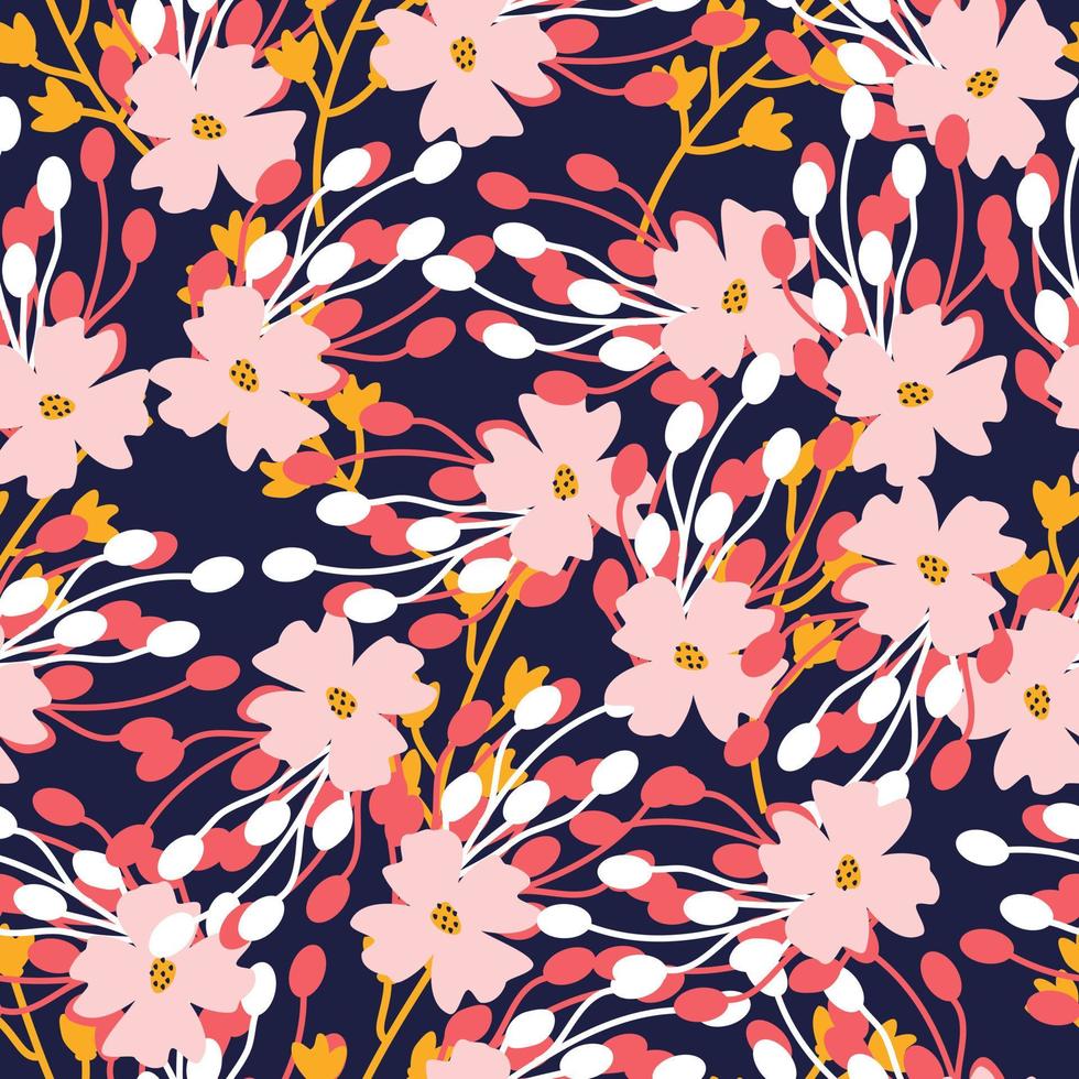 seamless pattern with abstract wild flowers, leaves and branches on white background. vector