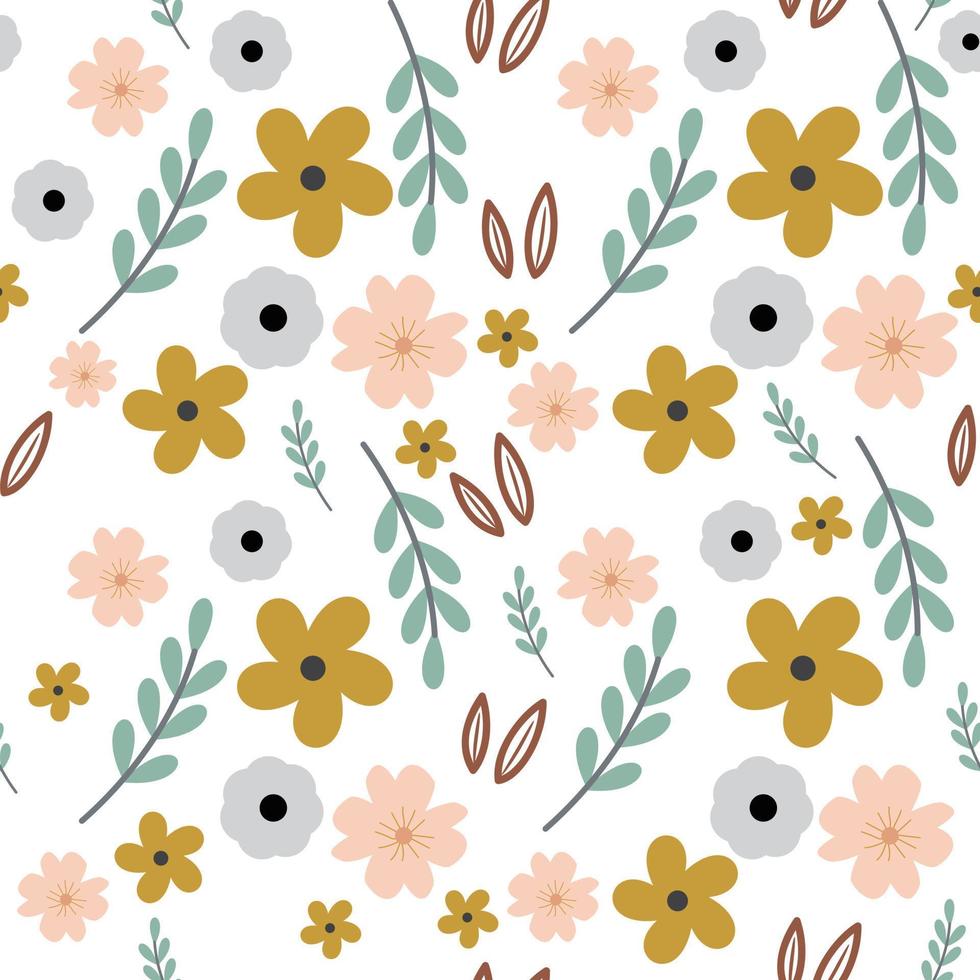 seamless pattern with abstract wild flowers, leaves and branches on white background. vector