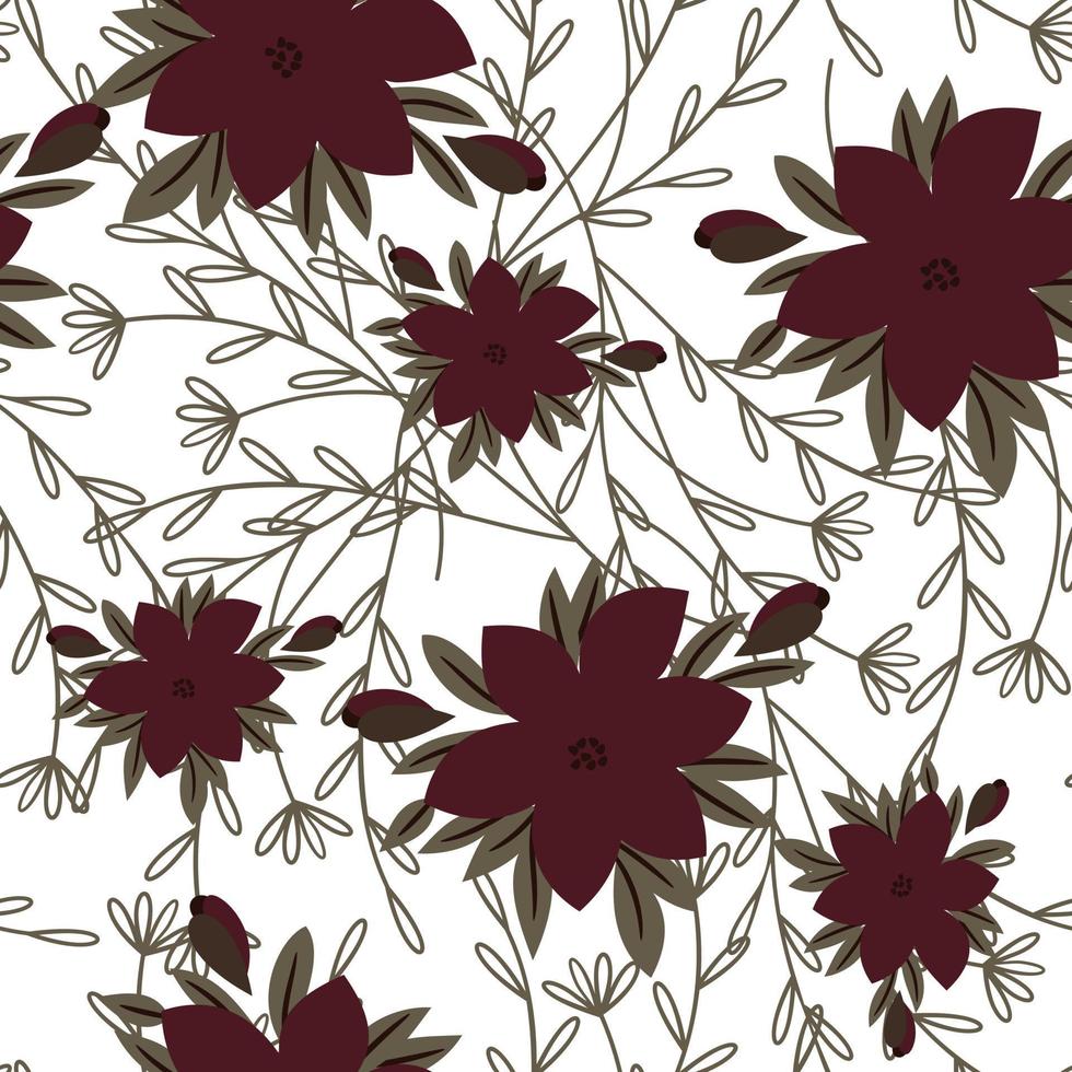 Seamless repeat pattern with flowers and leaves. Dark red flower on white background. vector