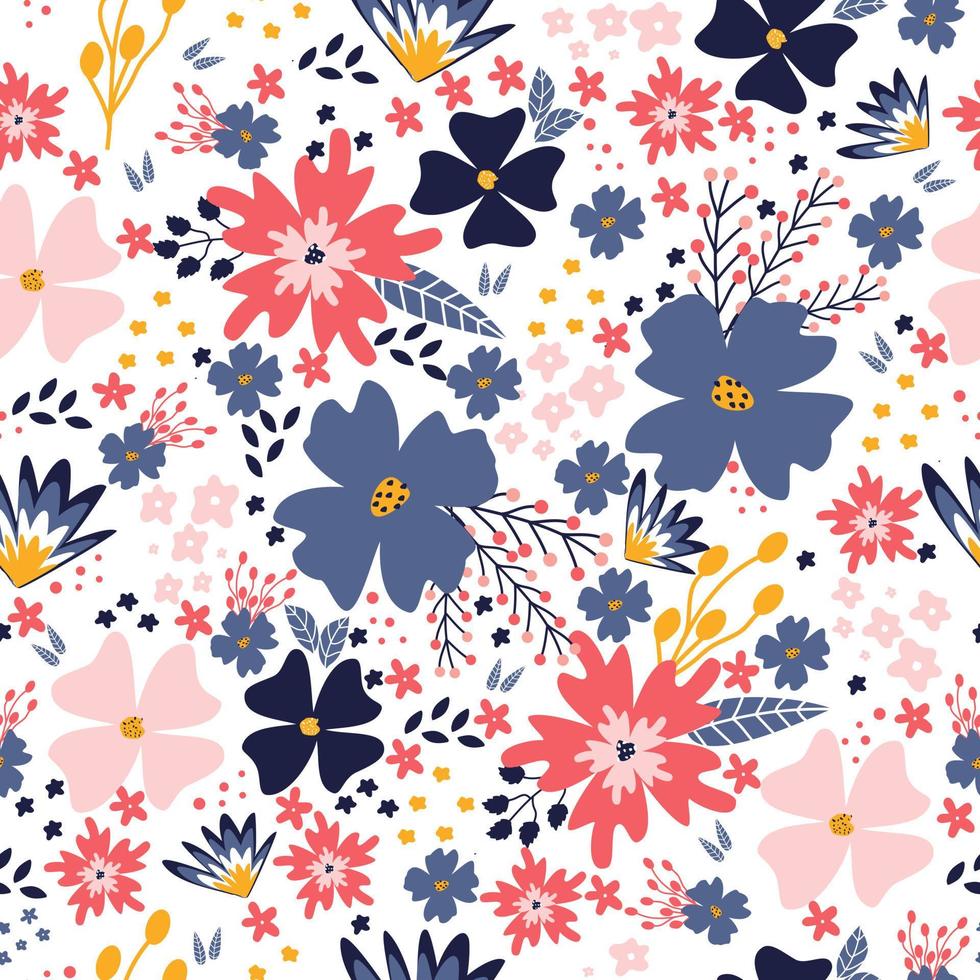 seamless pattern with abstract wild flowers, leaves and branches on white background. vector