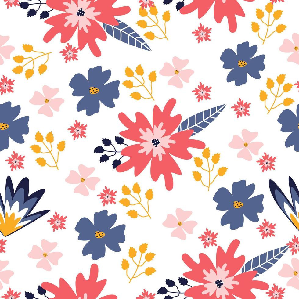 seamless pattern with abstract wild flowers, leaves and branches on white background. vector