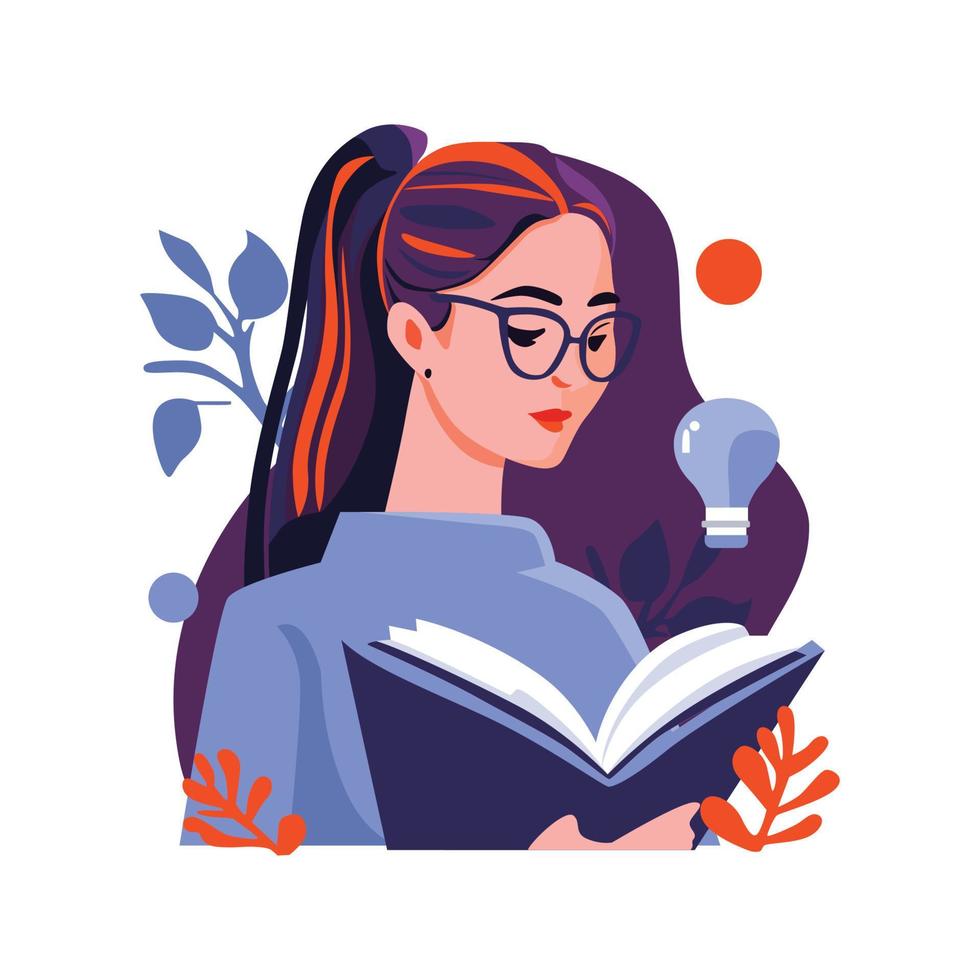 contento niña estudiante con libro plano estilo ilustración vector diseño