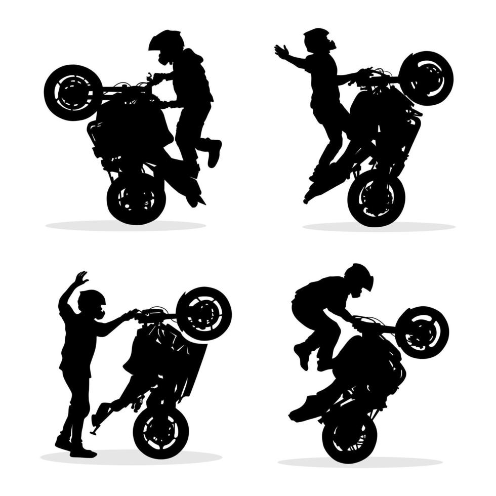 silueta de un motorista haciendo peligroso acrobacias en su motocicleta. vector silueta conjunto