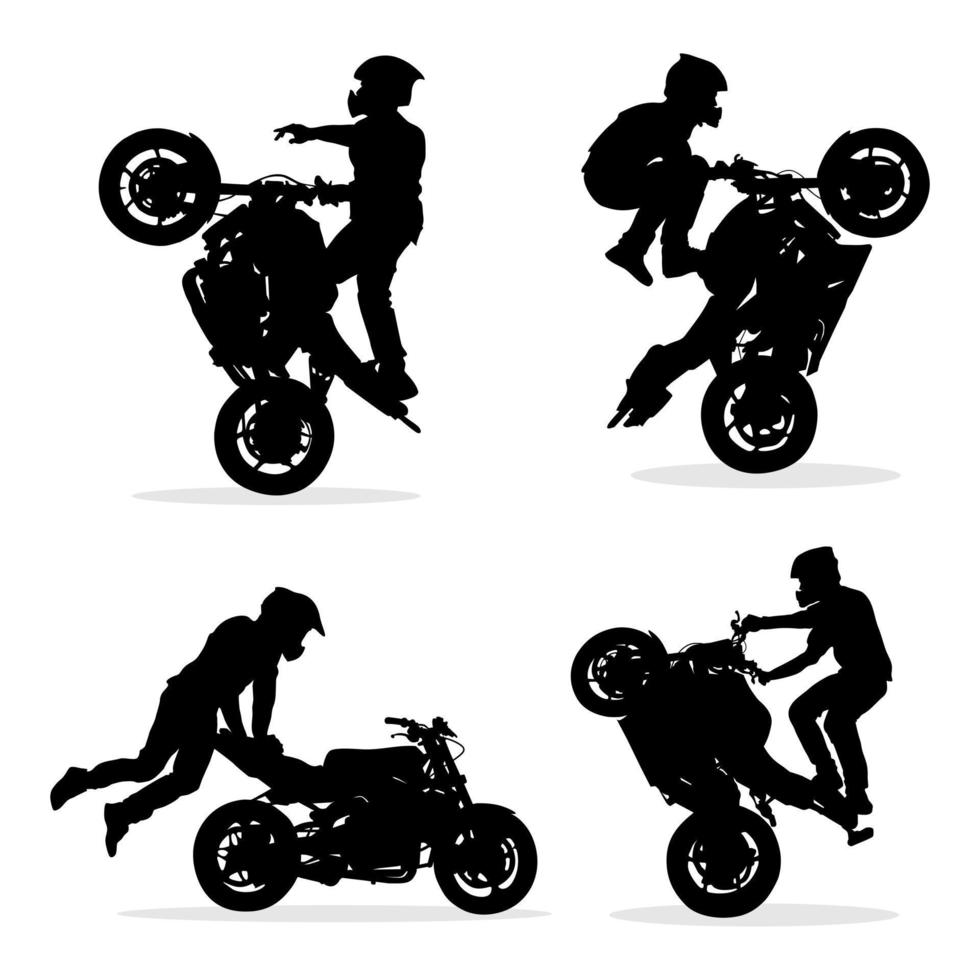 Silhouette of a professional biker doing freestyle on his motorbike. Vector illustration set