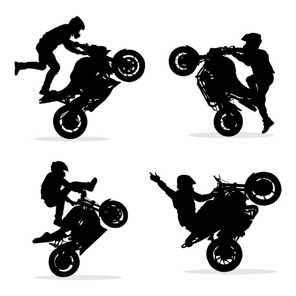 motorista silueta haciendo estilo libre en su moto. vector ilustración conjunto