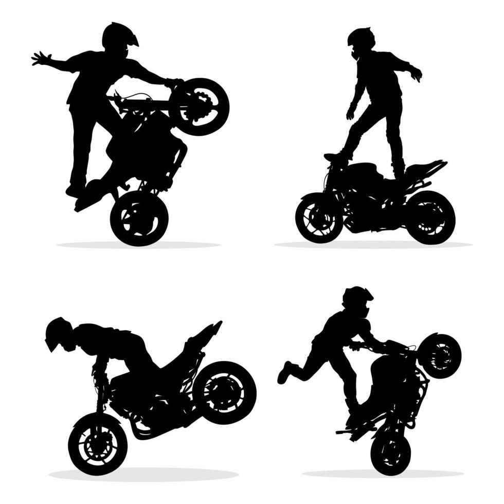 Silhouette of a professional biker performing dangerous stunts on his motorbike. Vector illustration set