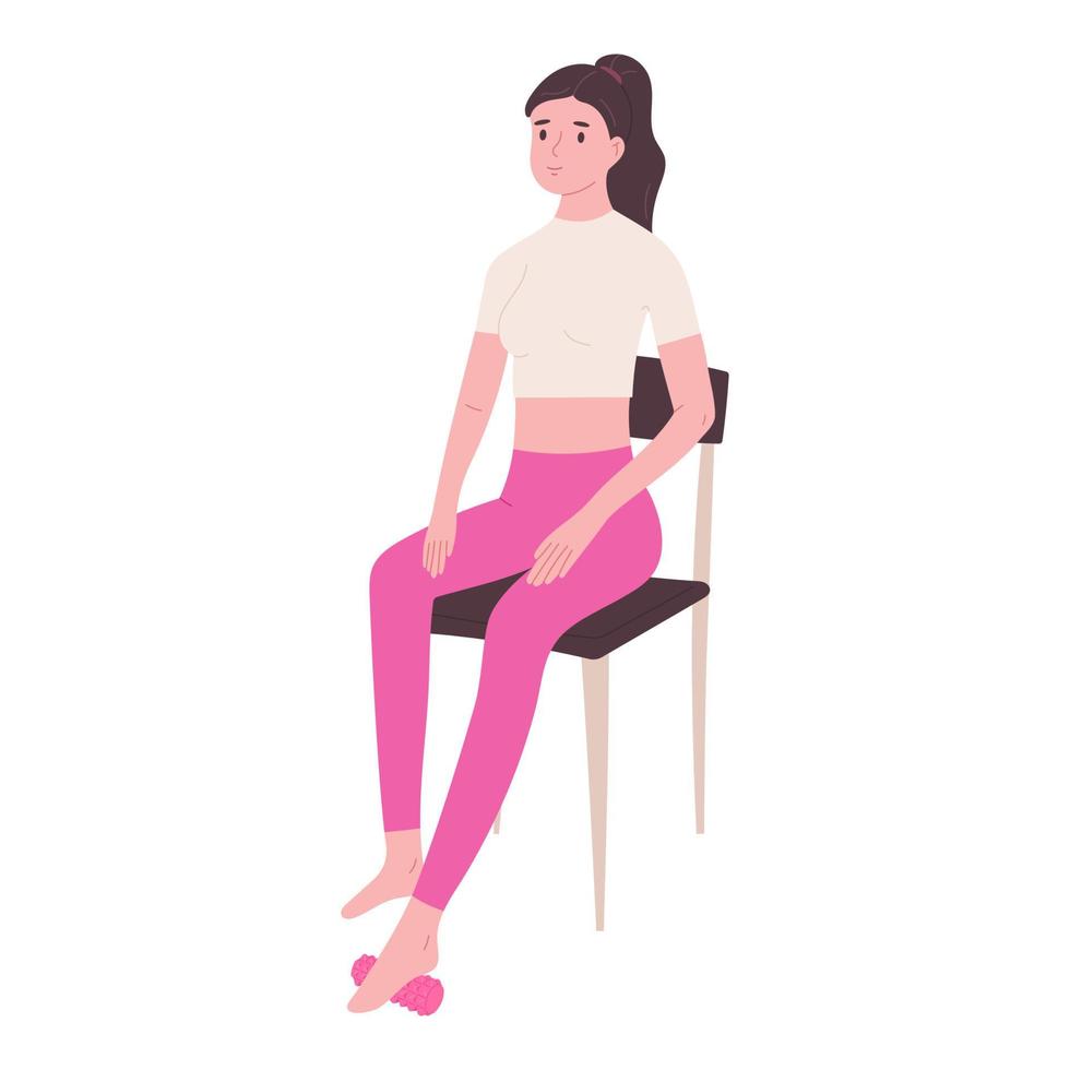 mujer sentado y hacer ejercicio con pie rodillo - plano vector ilustración aislado en blanco antecedentes. inteligente aptitud ejercicio. yoga y pilates equipo. fisioterapia y rehabilitación.