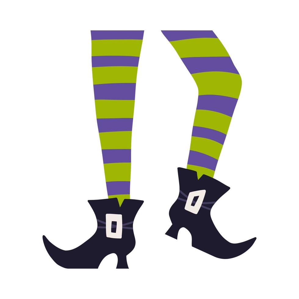 Dancing witches legs with boots and stockings, cartoon flat vector illustration isolated on white background. Halloween decoration element. Wicked witch in tights and shoes.