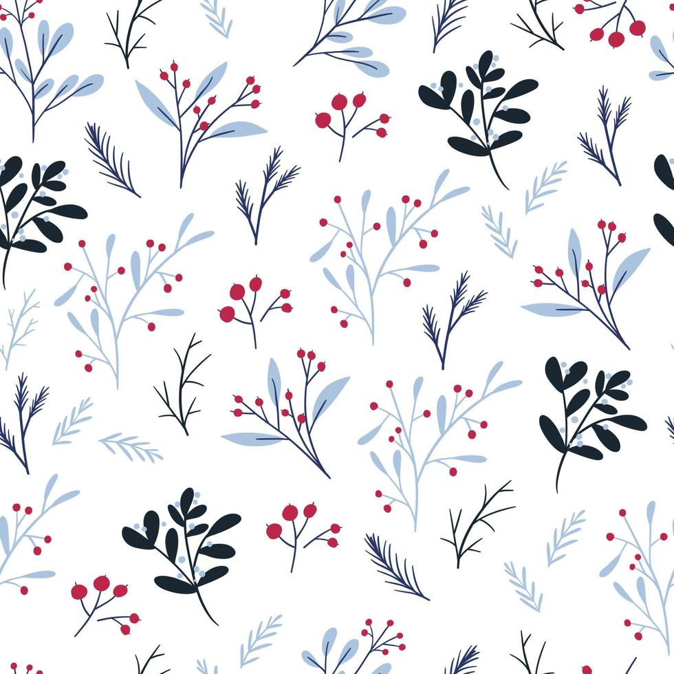 Winter botany seamless pattern, flat vector illustration on white background. Various plants with leaves and red berries. Christmas gift wrapping paper.