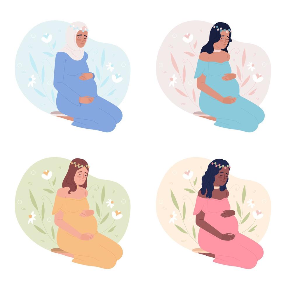 Healthy child bearing 2D vector isolated spot illustration pack. Expectant mothers with flower crowns flat characters on cartoon background. Colorful editable scenes set for mobile, website, magazine