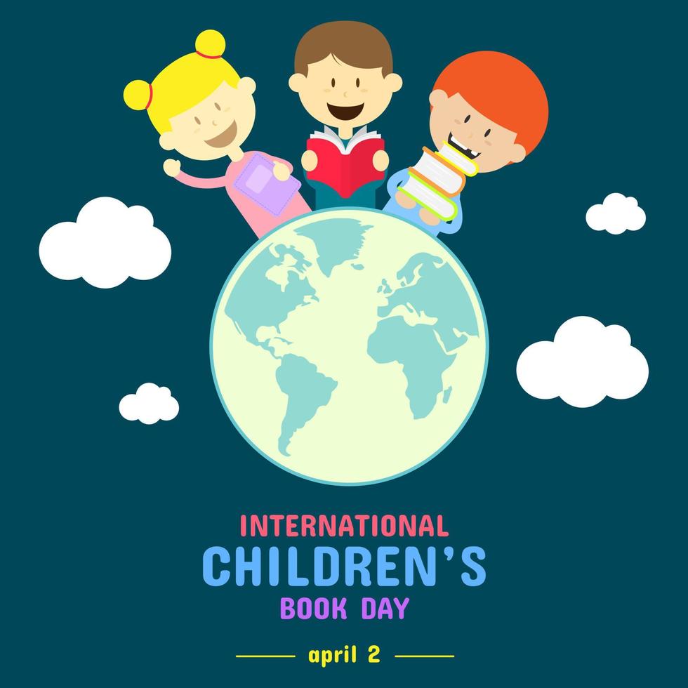 International Children's Book Day greeting with three little kids carrying books over the world vector
