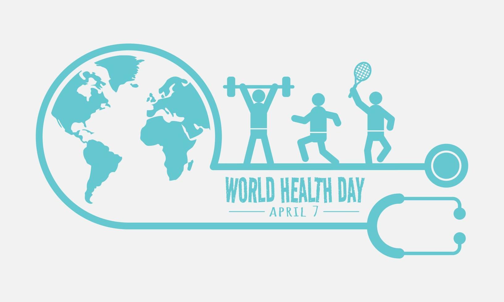 mundo salud día saludo con estetoscopio alrededor el mundo y personas hacer ejercicio vector