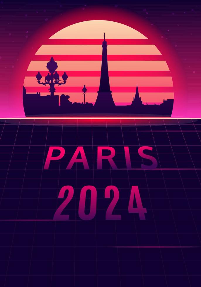Paris 2024 silhouette with sunset background. vector