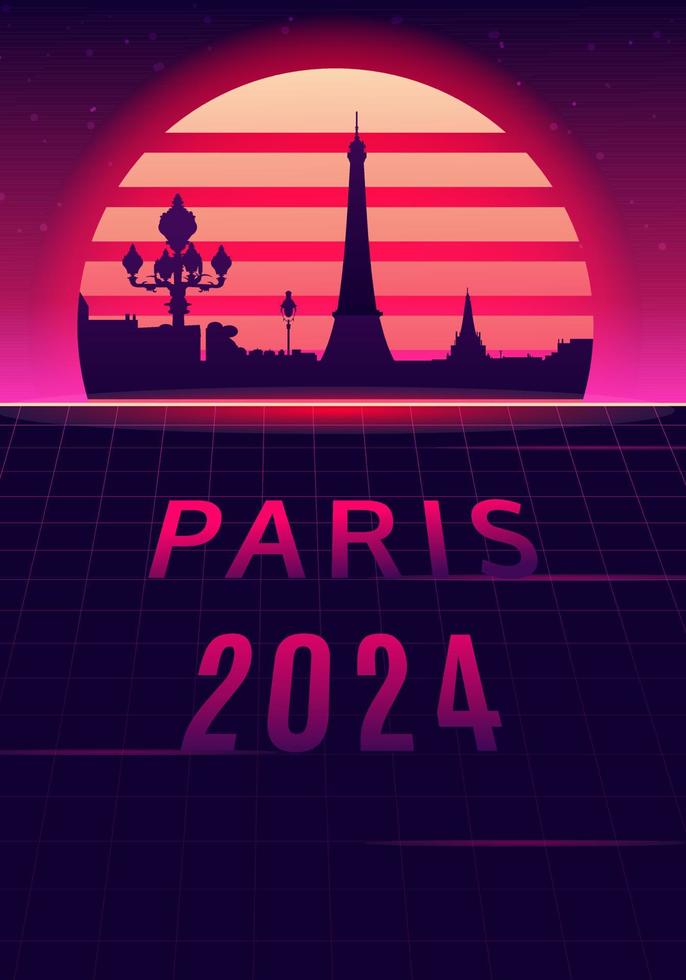 París 2024 silueta con puesta de sol antecedentes. vector