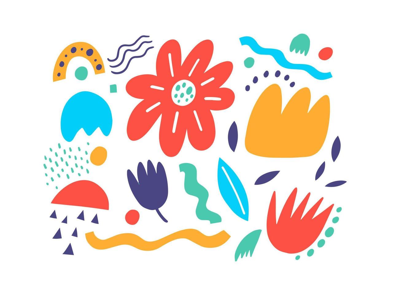 Abstract colorful doodle nature and floral elements set. Pastel colored shapes. vector