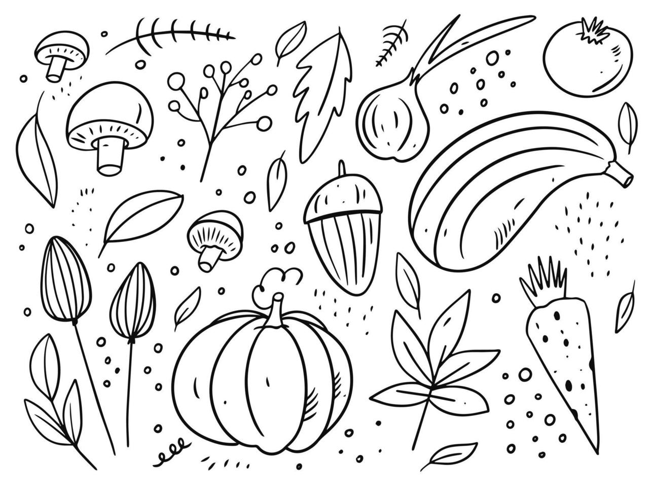 otoño elementos. hojas y comida elementos. negro color dibujos animados estilo. vector