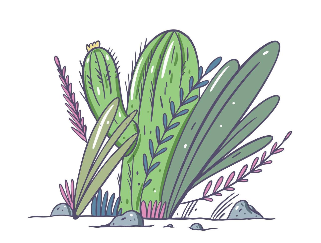 Composition with cactus and plants. Vector illustration. Isolated on white background.