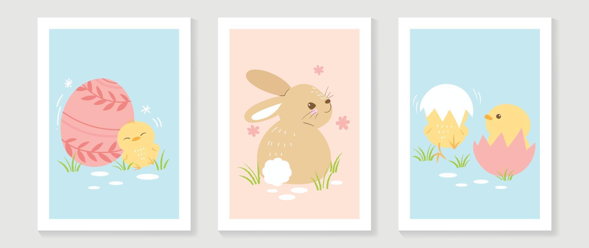 Cute comic easter wall art vector set. Collection with adorable hand drawn easter egg, chicks, rabbit. Design illustration for nursery wall art in doodle style, baby, kids poster, card, invitation.