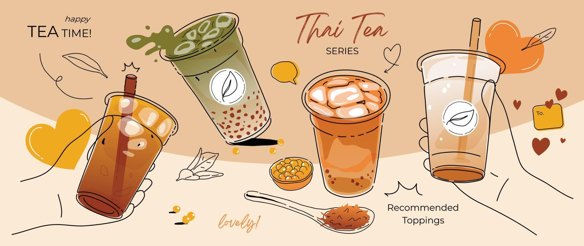 Ice tea summer drinks special promotions design. Thai tea, matcha green tea, fresh yummy drinks, bubble pearl milk tea, soft drinks with logo and doodle style for advertisement, banner, poster. vector