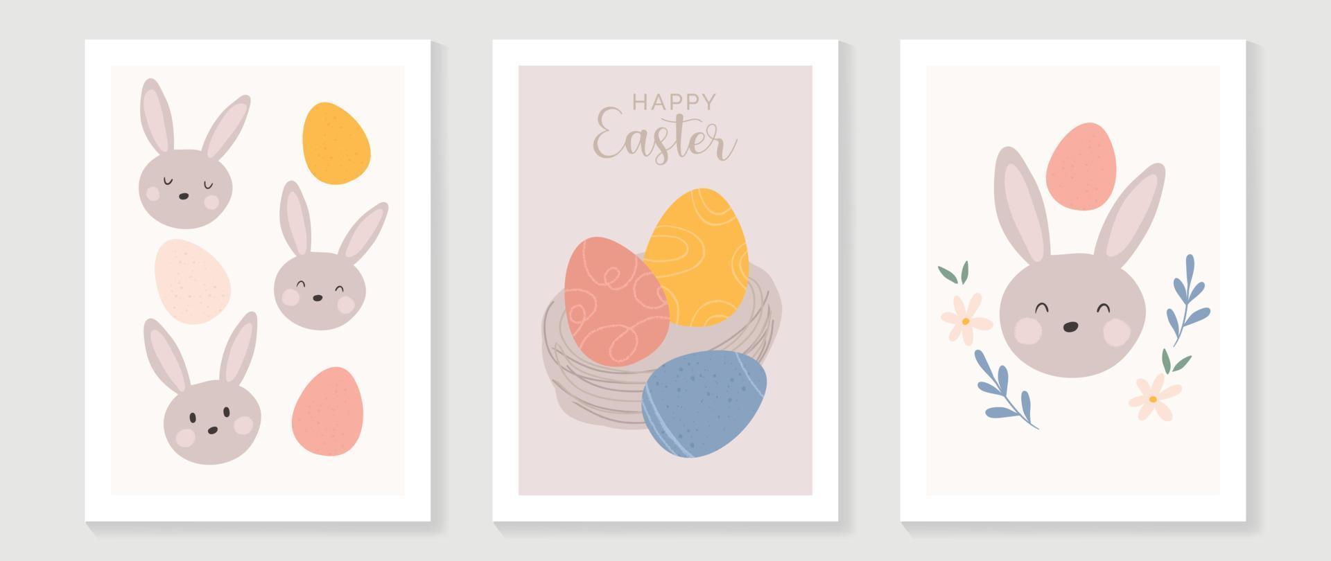 Cute comic easter wall art vector set. Collection of adorable hand drawn rabbits, flowers, easter eggs. Design illustration for nursery wall art in doodle style, baby, kids poster, card, invitation.
