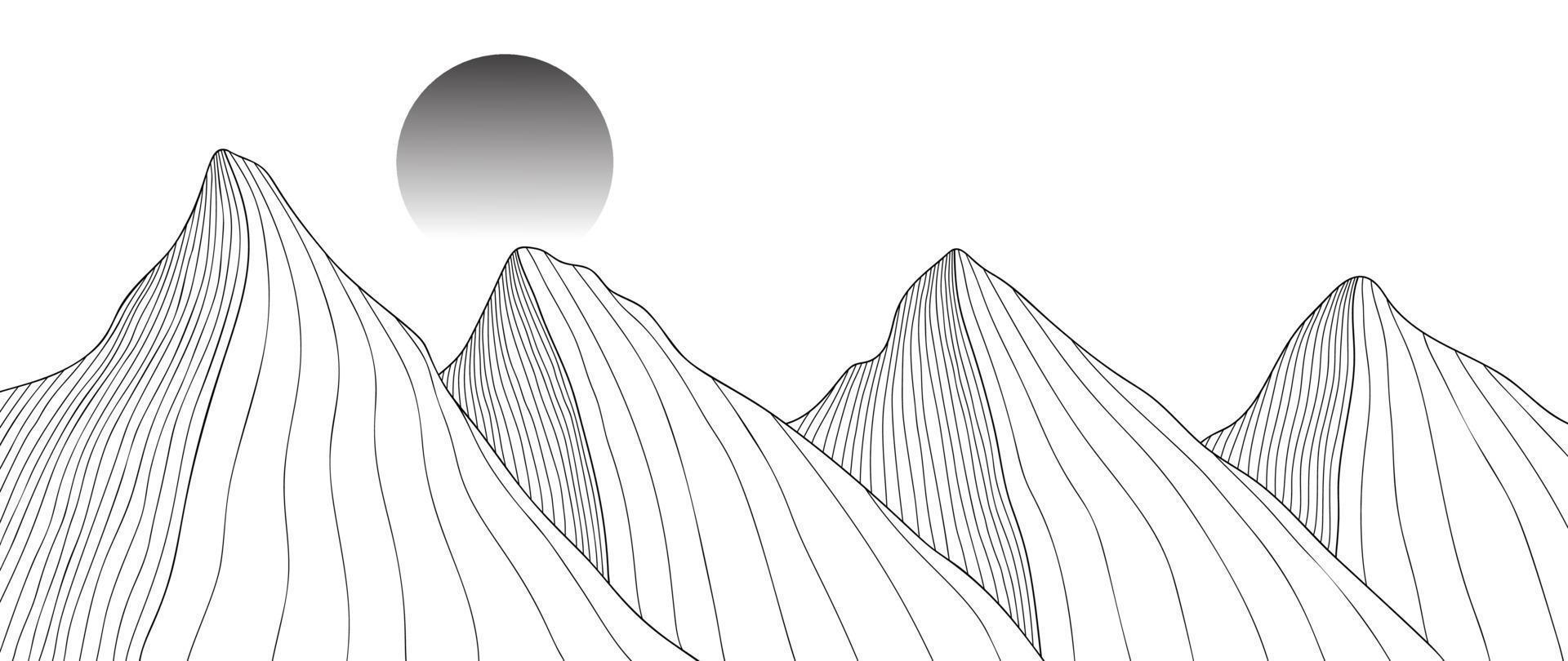 Black and white mountain line art wallpaper. Contour drawing luxury scenic landscape background design illustration for cover, invitation background, packaging design, fabric, banner and print. vector