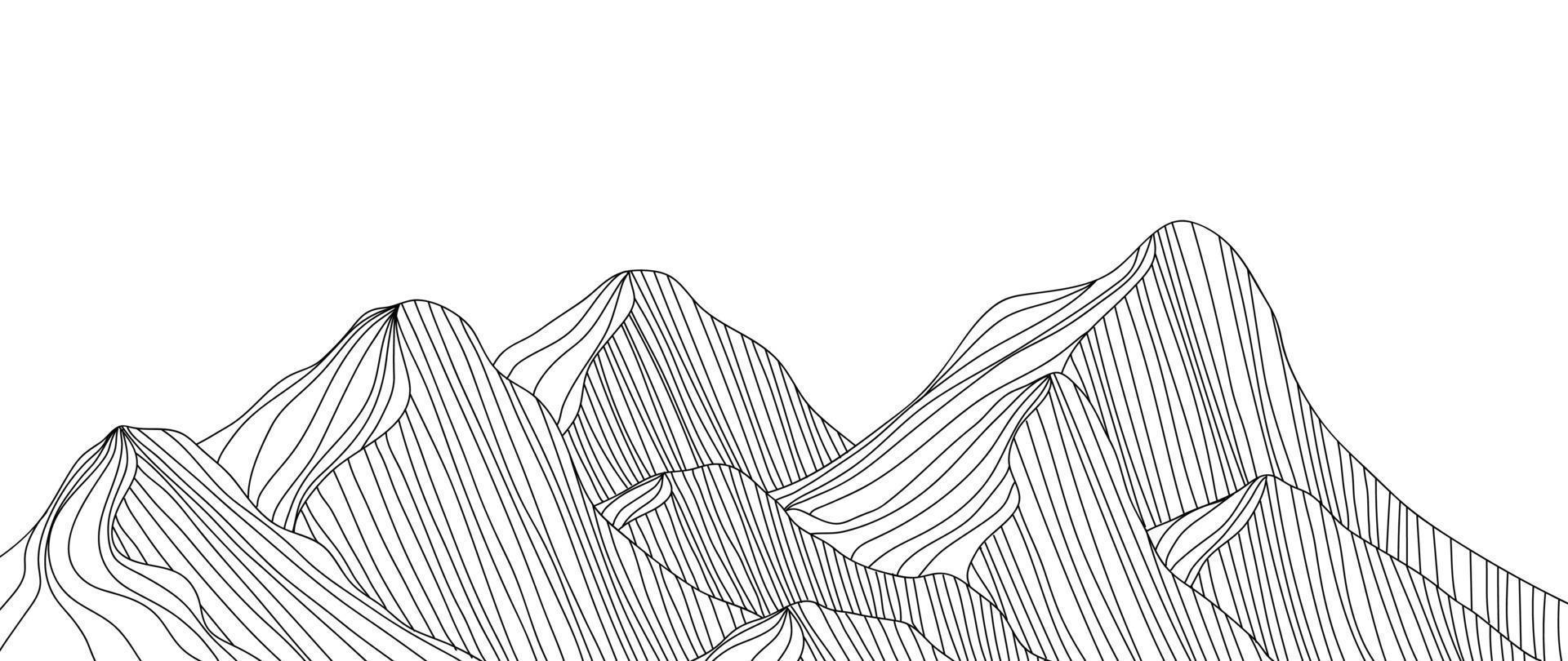 Black and white mountain line art wallpaper. Contour drawing luxury scenic landscape background design illustration for cover, invitation background, packaging design, fabric, banner and print. vector
