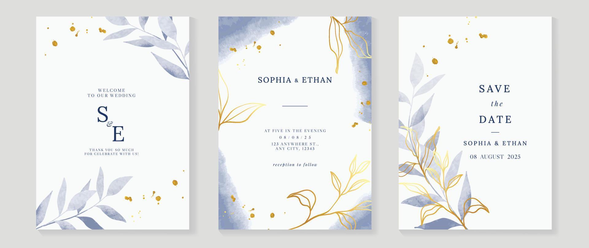 lujo Boda invitación tarjeta antecedentes vector. mano dibujado hoja rama en azul acuarela y oro línea arte, tinta salpicar textura. diseño ilustración para Boda y VIP cubrir plantilla, bandera. vector