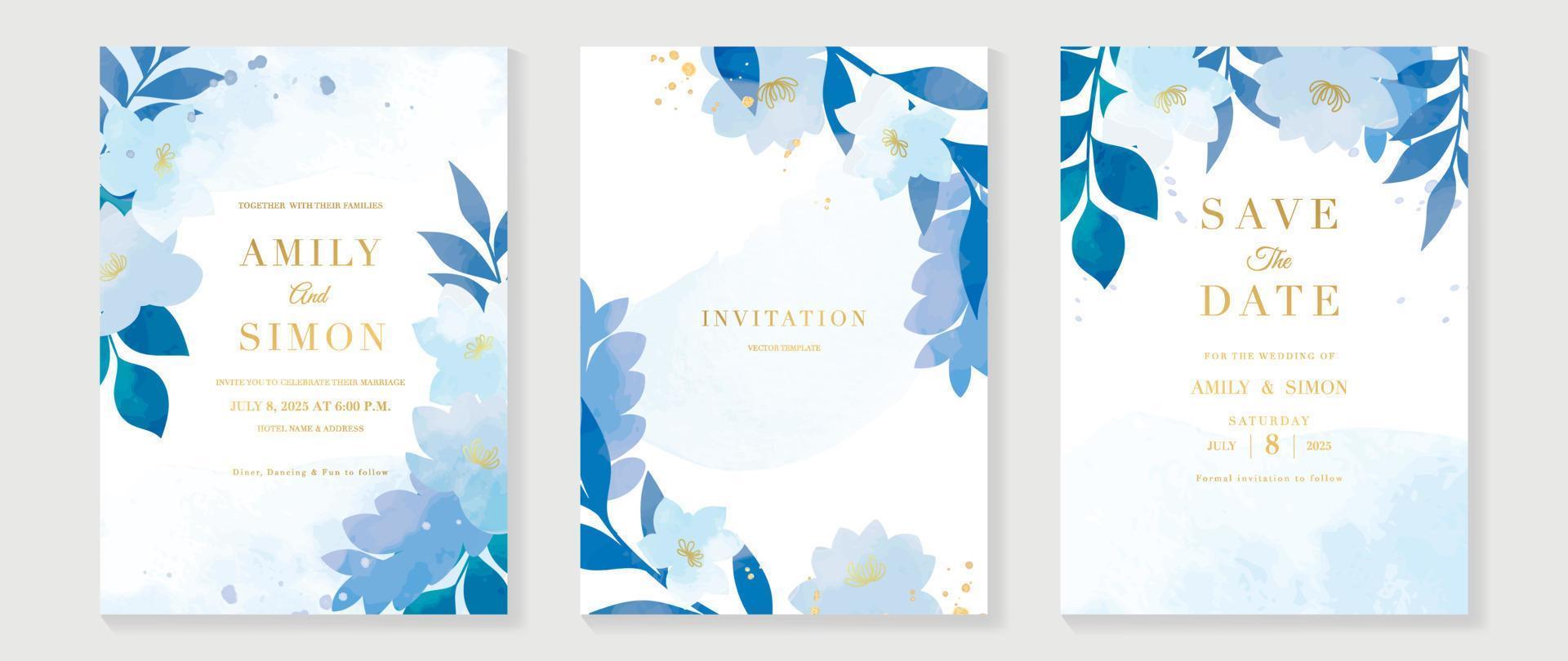 Luxury wedding invitation card background vector. Watercolor blue botanical flowers and leaf branch with golden ink splatter texture. Design illustration for wedding and vip cover template, banner. vector