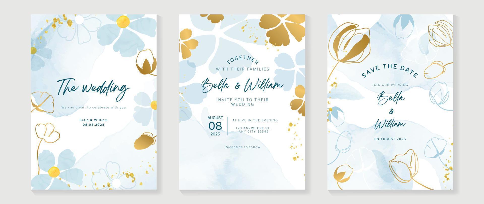 Luxury wedding invitation card background vector. Golden flowers in blue theme watercolor and gold glitter ink splatter texture. Design illustration for wedding and vip cover template, banner. vector