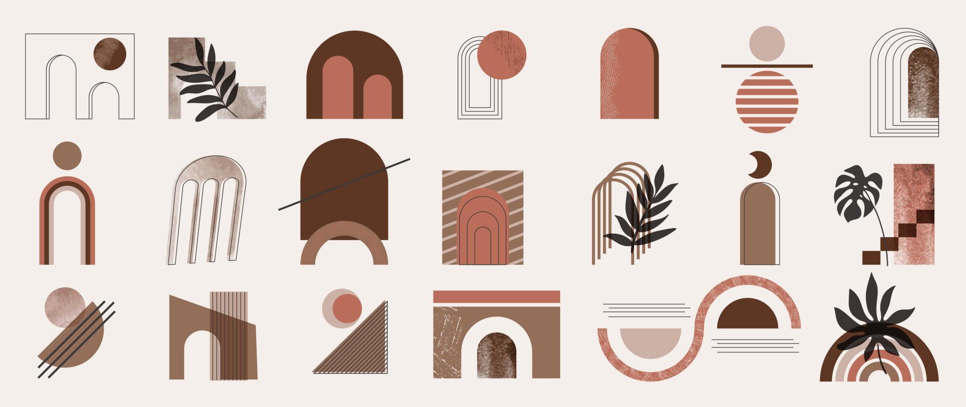 Hand drawn abstract minimal element mid century vector set. Aesthetic contemporary stripe line art, watercolor geometric shapes in nude colors. Art form design for wall art, decoration, wallpaper.