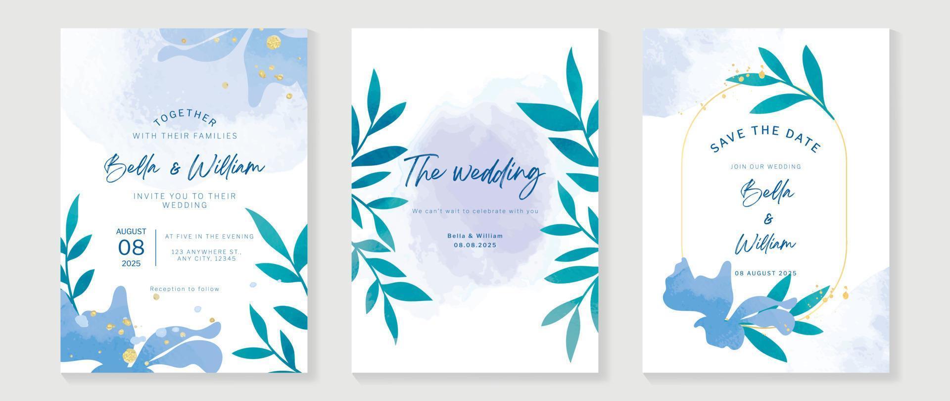 Luxury wedding invitation card background vector. Botanical floral leaf branch with blue theme watercolor texture, gold ink splatter. Design illustration for wedding and vip cover template, banner. vector