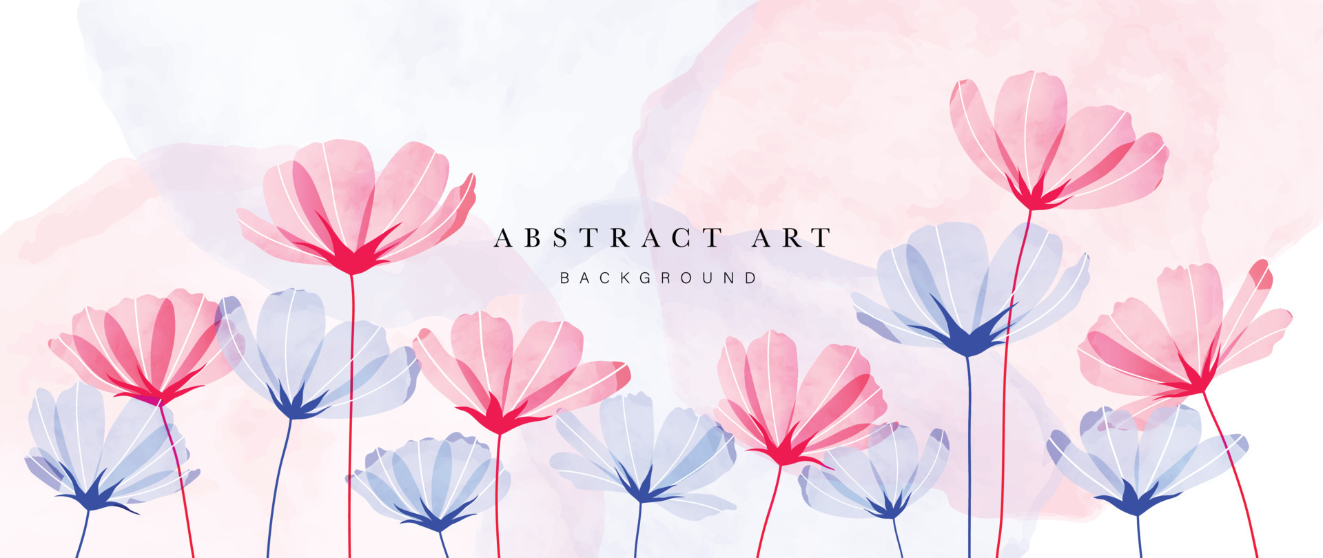 Abstract floral art background vector. Watercolor flowers with line art