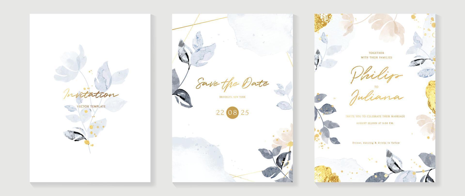 Luxury wedding invitation card background vector. Watercolor floral leaf branch with golden foil brush paint and ink splatter texture. Design illustration for wedding and vip cover template, banner. vector