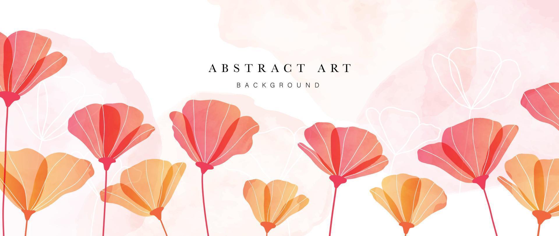 Abstract floral art background vector. Watercolor flowers with line art and red flowers, orange flowers. Art design illustration for wallpaper, poster, banner card, print, web and packaging. vector