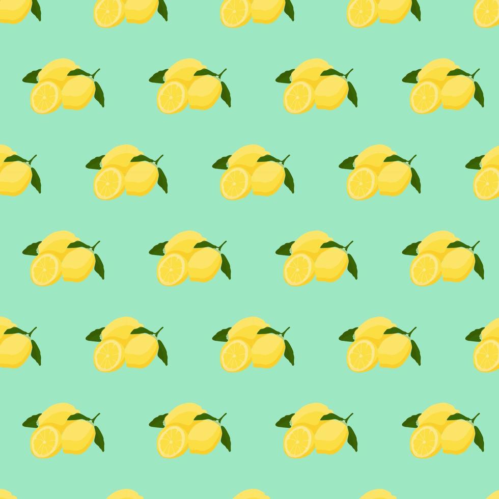 Seamless pattern with lemon on green background. Continuous one line drawing lemon. vector